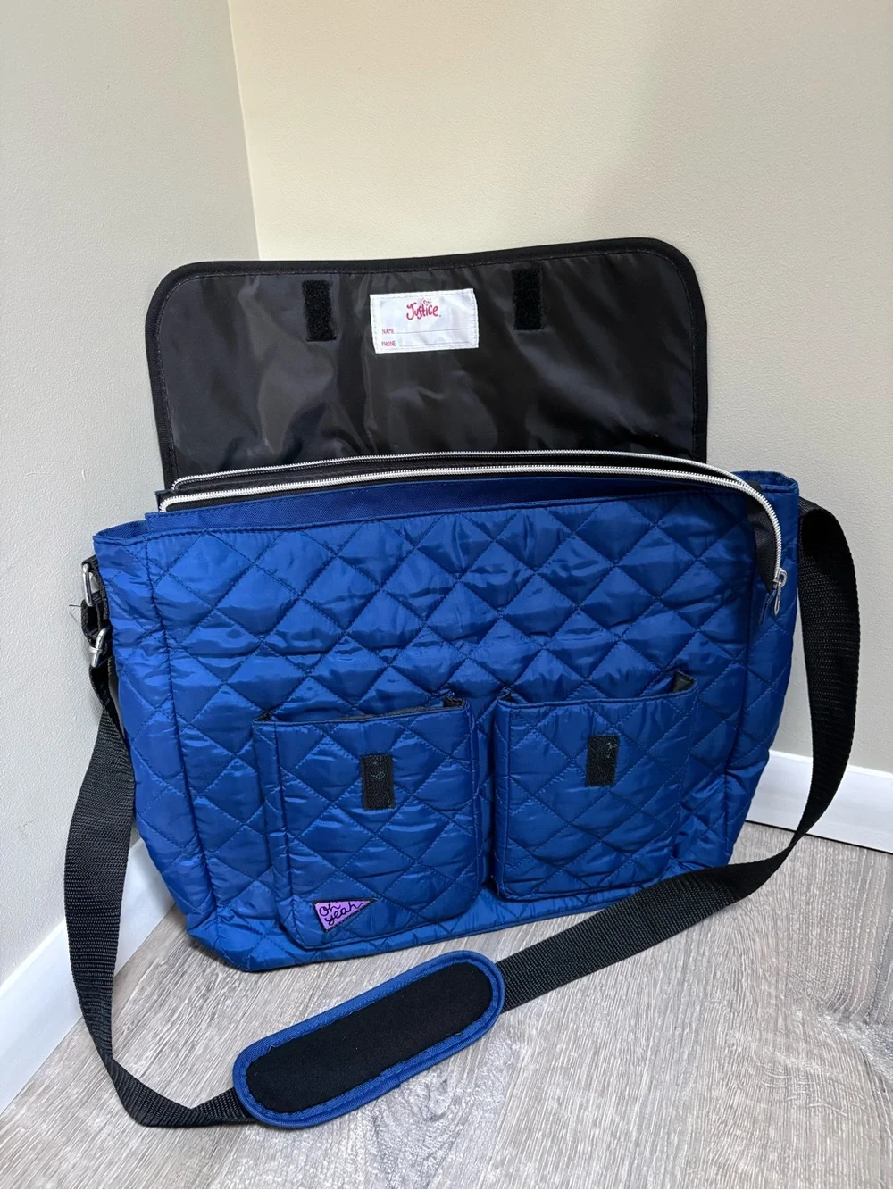 Justice Blue Quilted Patch New Messenger Bag with C Initial